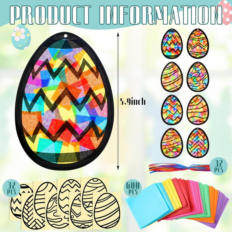 Eersida 32 Pcs Easter Eggs Ornament Suncatchers Craft Set Spring DIY Eggs Shaped Stained Glass Tissue Paper Kits Bulk for Window Art Activities Party Decorations Gift - Image 3